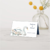 White Floral Swan op Blue Wedding Plaatskaartje (Achterkant)