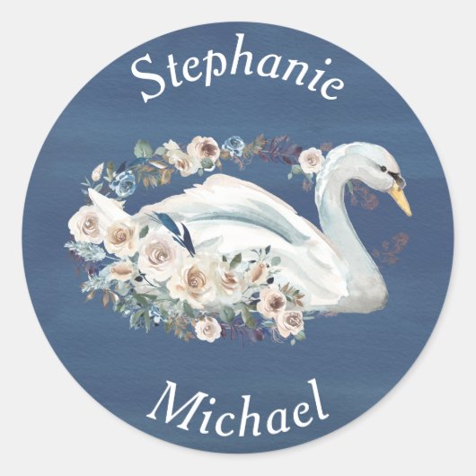 White Floral Swan op Blue Wedding Ronde Sticker (Voorkant)