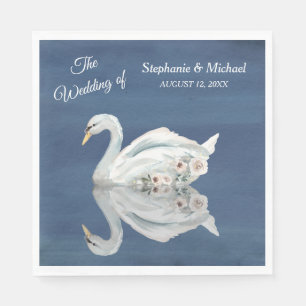 White Floral Swan op Blue Wedding Servet