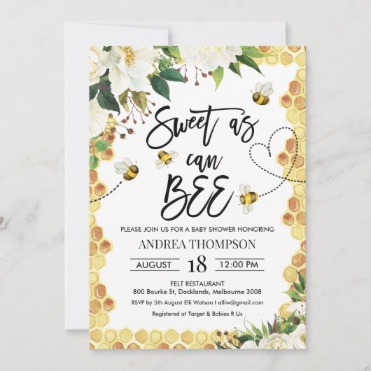 White Floral Sweet As Can Bee Baby shower Kaart (Voorkant)