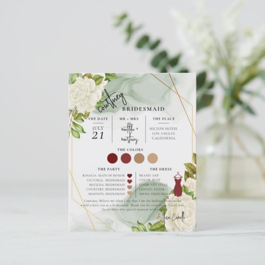 White Floral Text Script Bridesmaid info Card (Staand voorkant)