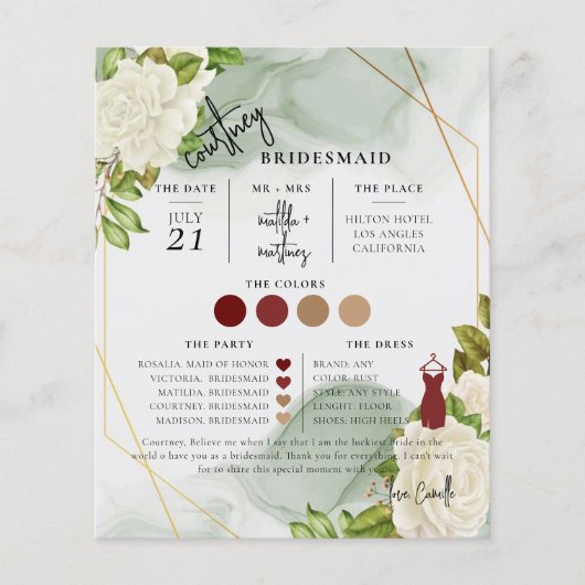 White Floral Text Script Bridesmaid info Card (Voorkant)