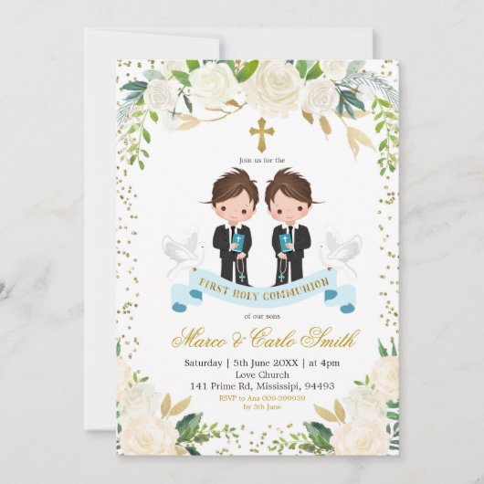 White Floral Twin Boy First Heilige Communie Kaart (Voorkant)