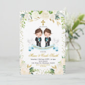 White Floral Twin Boy First Heilige Communie Kaart (Staand voorkant)