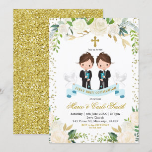 White Floral Twin Boy First Heilige Communie Kaart