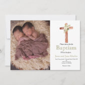 White floral twin sibling baptisme foto Invitation Kaart (Voorkant)