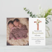 White floral twin sibling baptisme foto Invitation Kaart (Staand voorkant)