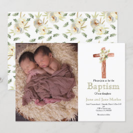 White floral twin sibling baptisme foto Invitation Kaart