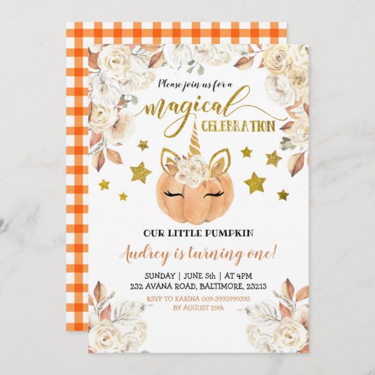 White Floral Unicorn Pumpkin draait om One Kaart (Voorkant / Achterkant)