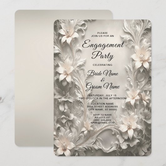 White Floral Verloving Invitation Kaart (Voorkant / Achterkant)