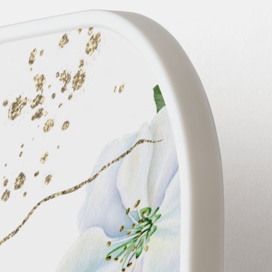 White Floral Waterverf Gold Glitter Script Name Pickleball Paddle (Links Detail)