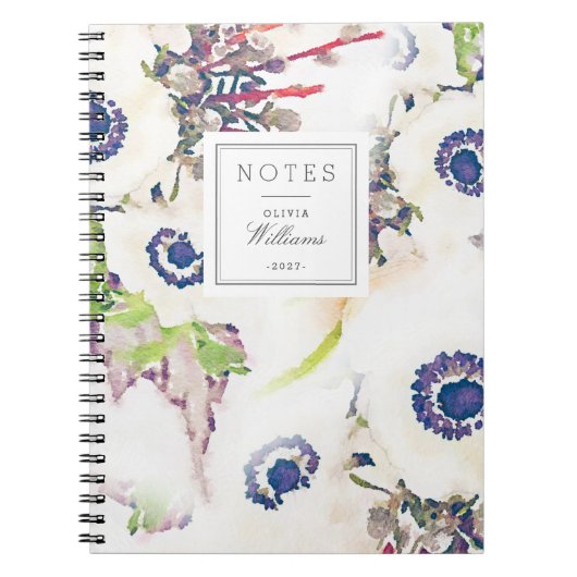 White Floral Waterverf Name LastName notebook Notitieboek (Voorkant)