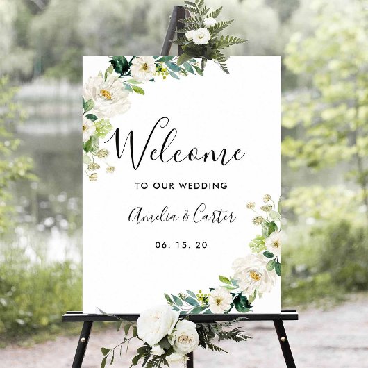 White Floral Waterverf Wedding Welcome Sign Poster