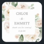 White Floral Wedding Cake Box Favor Sticker<br><div class="desc">Elegant witte rozenbloem en sage groene eucalyptus groene vierkant bloemperk lijst omringt de bruid- en bruinnamen,  een dankjewel en hun trouwdatum.</div>