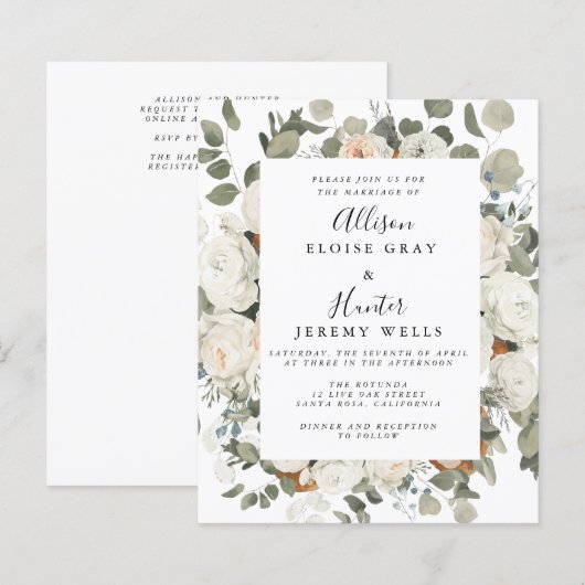 White Floral Wedding Invitation (Voorkant / Achterkant)