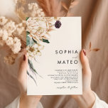White Floral Wedding Invitation Kaart<br><div class="desc">We ontwierpen deze White Floral bruiloft-uitnodiging om je rustige, donkere tropische bruiloft te voltooien. Met zijn boze waterverf grof naar zijn moderne boho winterbloemen, inclusief protea, dahlia en gedroogde lotus, zal het ontwerp zeker uw humeurig, minimalistisch groen en wit thema afzetten. Verander de tekst en voeg een foto toe om...</div>