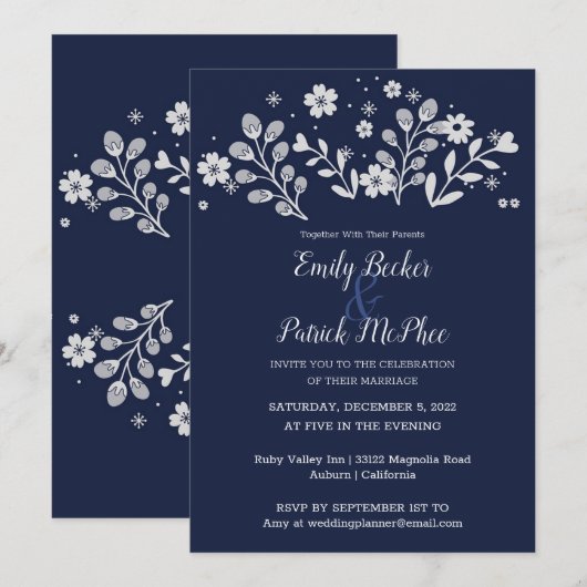 White Floral Wedding Invitation Kaart (Voorkant / Achterkant)