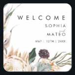 White Floral Wedding Welcome Square stickers<br><div class="desc">We ontwierpen deze White Floral bruiloft... welkome vierkante stickers om je rustige, donkere tropische bruiloft te voltooien. Met zijn boze waterverf grof naar zijn moderne boho winterbloemen, inclusief protea, dahlia en gedroogde lotus, zal het ontwerp zeker uw humeurig, minimalistisch groen en wit thema afzetten. Verander de tekst en voeg een...</div>