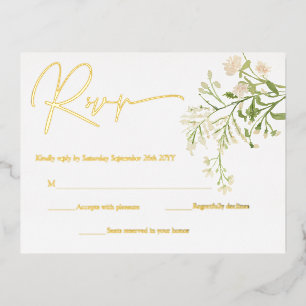 White Floral Wildbloemen Botanical RSVP Cards Gold Folie Uitnodiging Briefkaart