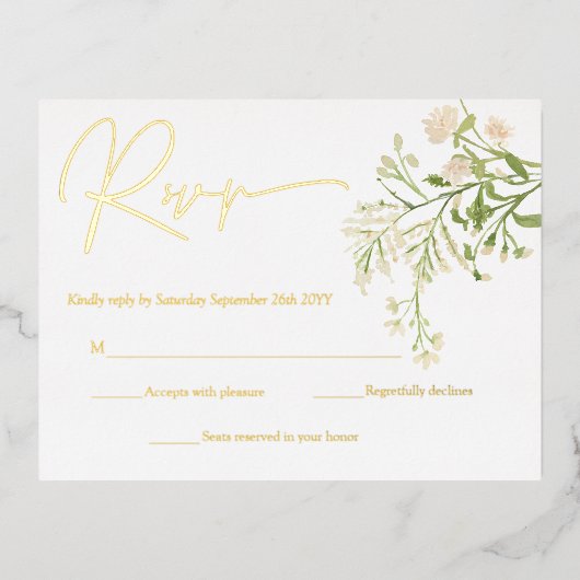 White Floral Wildbloemen Botanical RSVP Cards Gold Folie Uitnodiging Briefkaart (Voorkant)