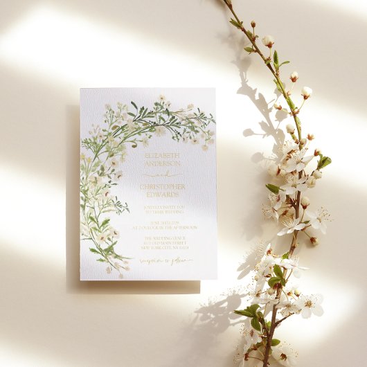White Floral Wildbloemen Botanical Wedding Gold Folie Uitnodiging