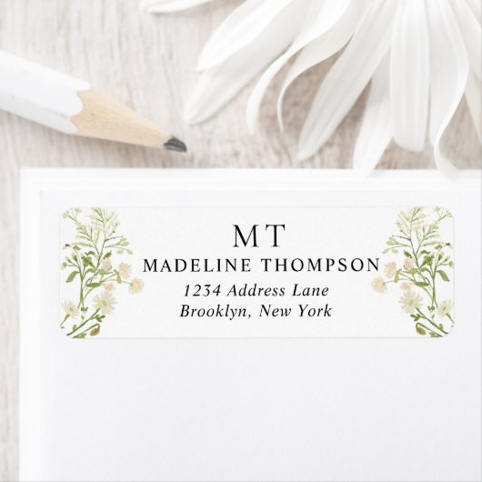 White Floral Wildflower Classic Monogram Address Etiket (Insitu)