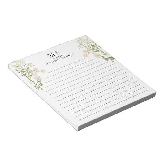 White Floral Wildflower Classic Monogram Lined Notitieblok (Schuin)