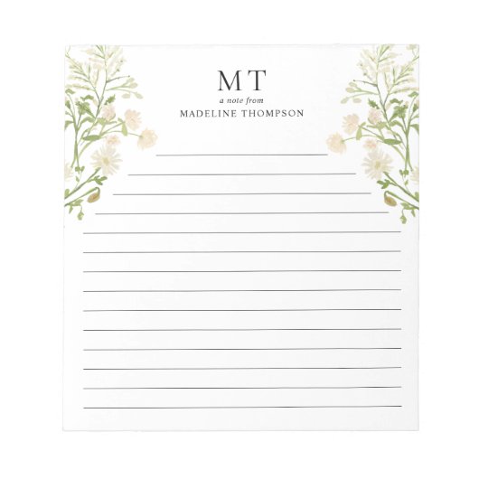 White Floral Wildflower Classic Monogram Lined Notitieblok (Voorkant)