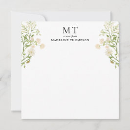 White Floral Wildflower Classic Monogram Square Notitiekaartje