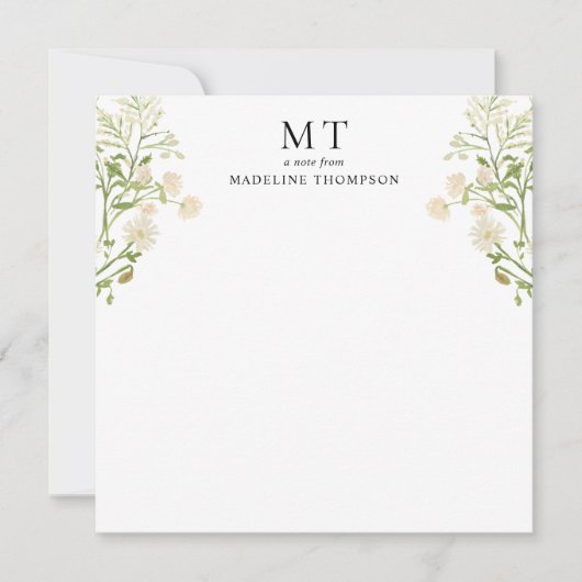White Floral Wildflower Classic Monogram Square Notitiekaartje (Voorkant)