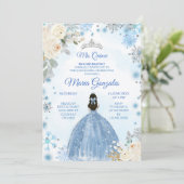 White Floral & Winter Blue Mis Quince Invite Kaart (Staand voorkant)
