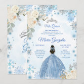 White Floral & Winter Blue Mis Quince Invite Kaart (Voorkant / Achterkant)