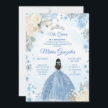 White Floral & Winter Blue Mis Quince Invite Kaart<br><div class="desc">White Floral & Winter Blue Mis Quince Invitation</div>