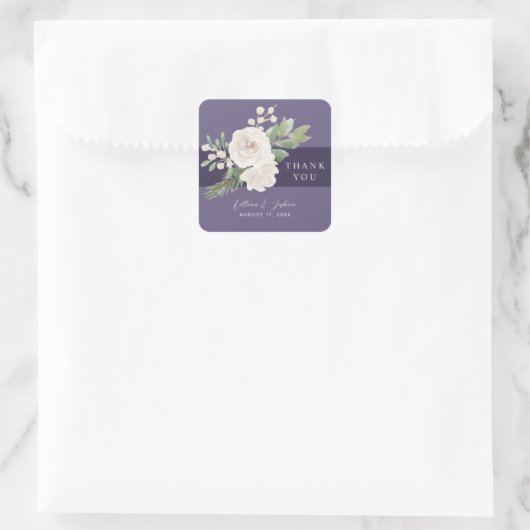 White Floral Winter Greenery Wedding Thank You Vierkante Sticker (Tas)