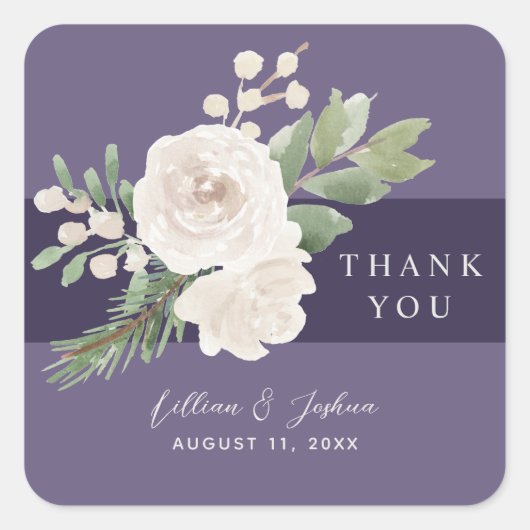 White Floral Winter Greenery Wedding Thank You Vierkante Sticker (Voorkant)