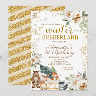 White Floral Winter Onederland Birthday Kaart