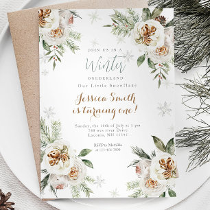 White Floral Winter Onederland Birthday Kaart