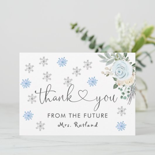 White Floral Winter Vrijgezellenfeest Snowflakes Bedankkaart (Staand voorkant)