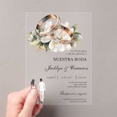 White Floral with ring Spanish Wedding Acryl Uitnodigingen (Insitu (Draagbaar))