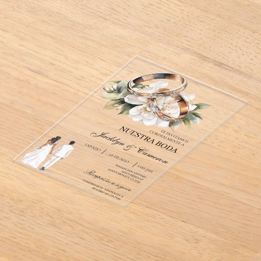 White Floral with ring Spanish Wedding Acryl Uitnodigingen (Laagn)