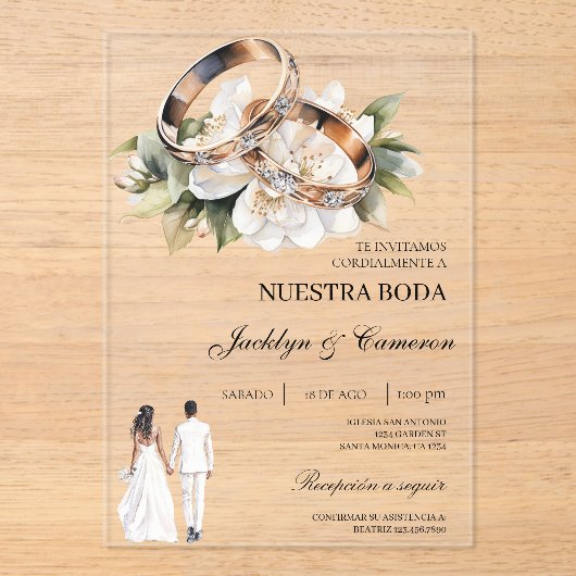 White Floral with ring Spanish Wedding Acryl Uitnodigingen (Voorkant)