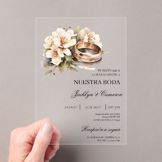White Floral with ring Spanish Wedding Invitation Acryl Uitnodigingen (Insitu (Draagbaar))