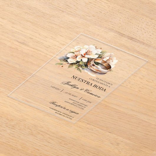 White Floral with ring Spanish Wedding Invitation Acryl Uitnodigingen (Laagn)