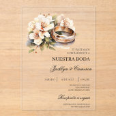 White Floral with ring Spanish Wedding Invitation Acryl Uitnodigingen (Voorkant)