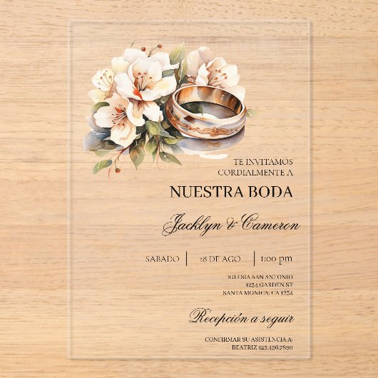 White Floral with ring Spanish Wedding Invitation Acryl Uitnodigingen (Voorkant)