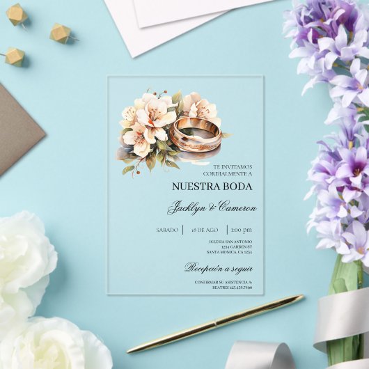 White Floral with ring Spanish Wedding Invitation Acryl Uitnodigingen (Insitu (Huwelijk))