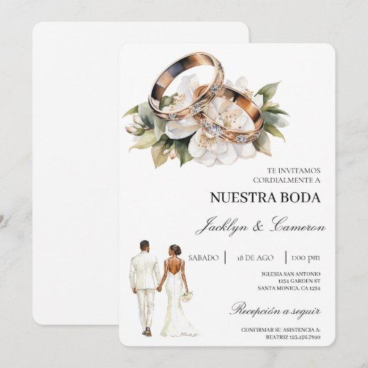 White Floral with ring Spanish Wedding Kaart (Voorkant / Achterkant)