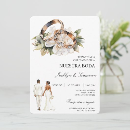 White Floral with ring Spanish Wedding Kaart (Staand voorkant)