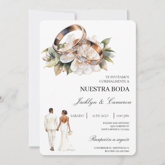 White Floral with ring Spanish Wedding Kaart (Voorkant)