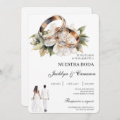 White Floral with ring Spanish Wedding Kaart (Voorkant / Achterkant)